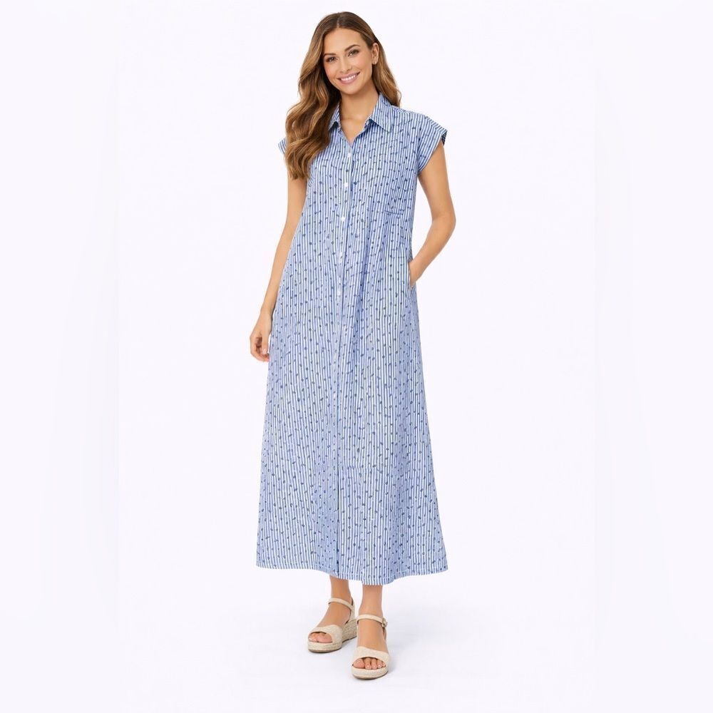 NWOT Kasia Blue & White Striped Midi Dress with Fish Print – Size Small